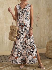 EMERY ROSE 女士休闲树叶图案V领长连衣裙，适合秋夏季穿着 - 彩色 - 查看 1
