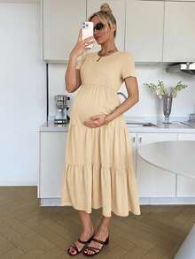 Slowluna 孕妇夏季休闲度假日常通勤纯色短袖层叠下摆连衣裙 - 黃色 - 查看 3