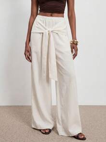 ATUI Studio Women's Casual Vacation Solid Color Front Knot Loose Wide Leg Pants - Beige - View 5