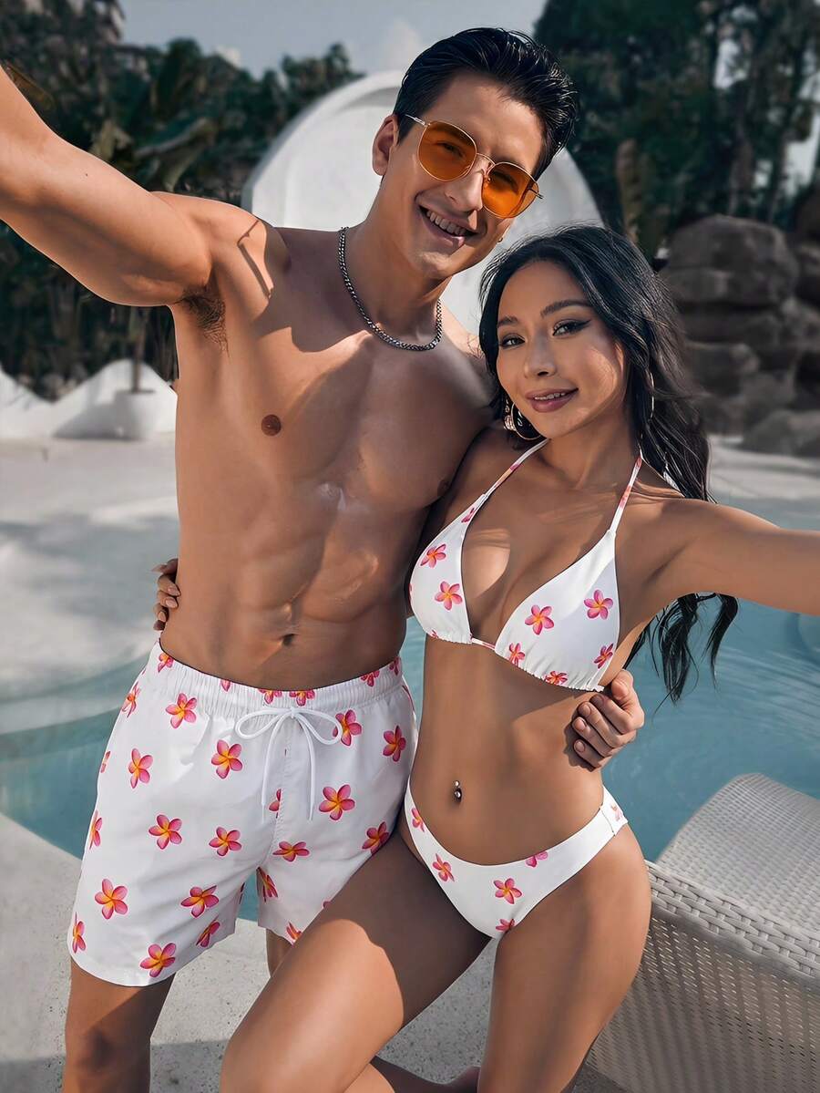 Azuldrift 1pc Men's Summer White Floral Beach Shorts,Boho Holiday Pool Party Matching Bikini Set For Men And Women,Couple Tropical Swimsuit Bathing Suit - White - View 1