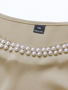 GlowEve CURVE Plus Size Women's Spring/Summer Solid Color Satin V-Neck Flattering Ruffle Trim Short Sleeve Gathered Elegant Versatile Blouse - Beige - View 8