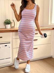 Lyckli Maternity Colorblock Striped Print Scoop Neck Sleeveless Dress - Multicolor - View 6