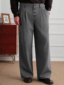 Core Aspect Mens Grey Wide Leg Pleated Pants,Casual Loose Fit Button Fly Trousers Vintage European American Style For Autumn Office,Stylish Gray Mens Trouser - Grey - View 5