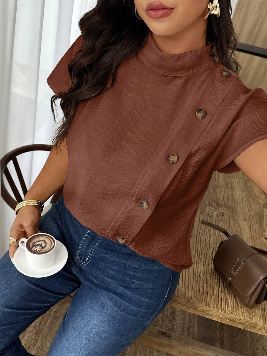 SHEIN LUNE Women's Casual Asymmetric Button Front Loose Blouse, Suitable For Daily Wear And Office Attire, Spring/Summer - Redwood - View 1