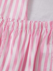 Girls Pajamas, Elegant & Comfortable Soft Satin Pink & White Striped Ruffle Trim Short Sleeve Cardigan & Shorts 2 Pieces Sleepwear Set - Multicolor - View 11