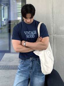 DAZY Navy Blue Letter Print Short Sleeve T-Shirt For Men Summer - Blue - View 3