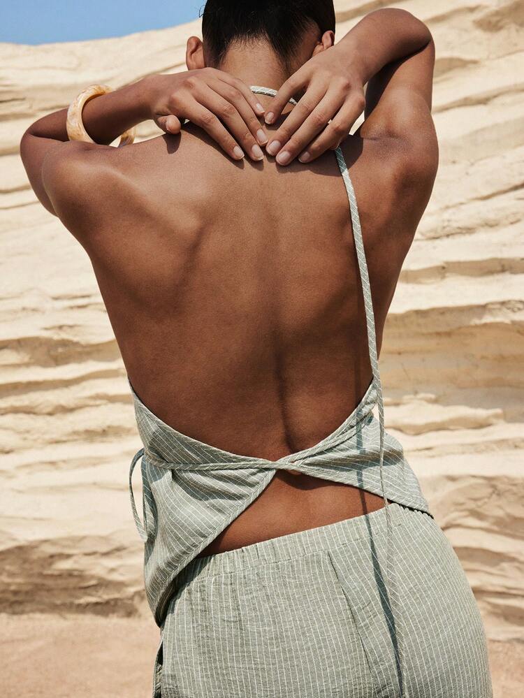 SHEIN Maija Women Sage Green Striped Asymmetric Tie Front Blouse,Summer Casual Vacation Holiday Backless Straps Tops,Spring Beach Outfit,Summer Holiday Outfits