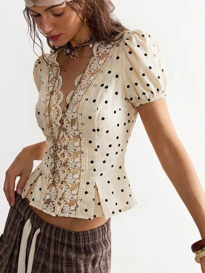 Bohemela Vacation Chiffon Polka Dot Print Short Sleeve V-Neck Blouse For Women, Spring/Summer