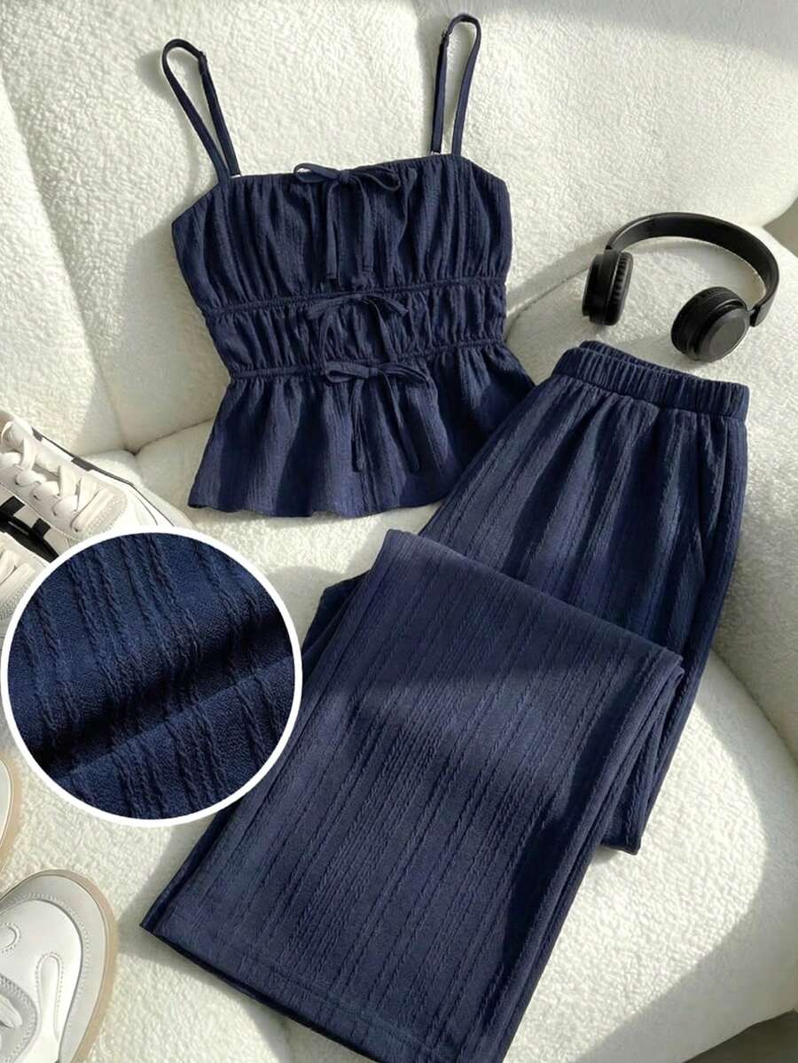 SHEIN Tween Girl Solid Color Pleated Camisole Top And Wide Leg Pants Casual Outfit,Kids - Navy Blue - View 1