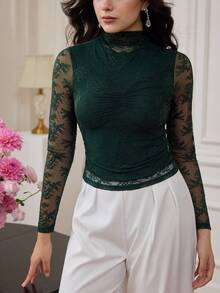 Graceveil Blusa elegante con cuello alto, volantes en la cintura y encaje de color verde oliva para citas - Verde Oscuro - Ver 4