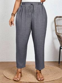 SHEIN Frenchy Quần dài trơn màu, cỡ lớn, kiểu dáng thường ngày, cạp chun co giãn và có túi chéo. - Màu xám đen - Xem 3