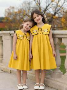 SHEIN Tween Girls/Tween Girl Girls Pastoral Floral Embroidered Pattern Ruffle Collar Puff Sleeve Dress,Versatile Round Neck Trim Contrast Color - Yellow - View 4