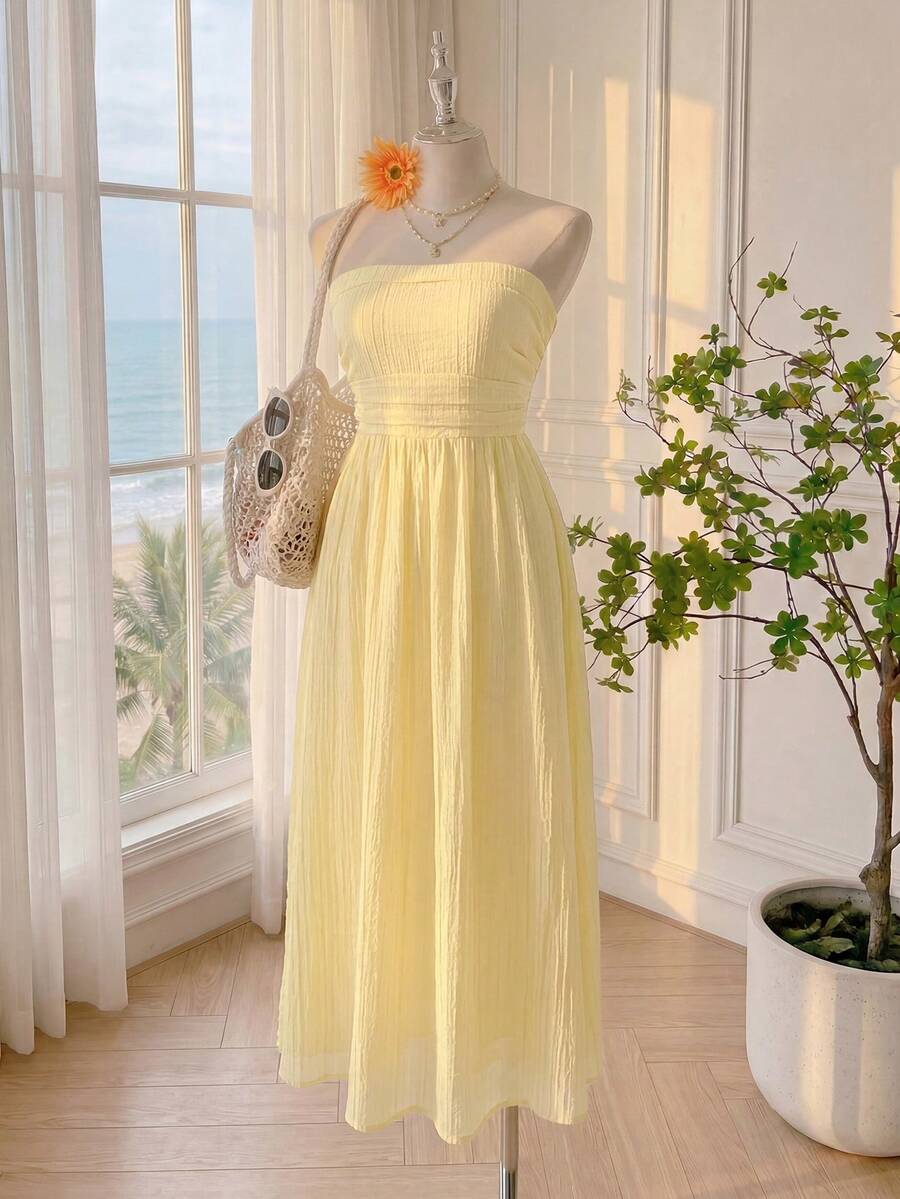 Comfortcana Đầm ống màu trắng thoáng mát, kiểu dáng thường ngày, cỡ lớn, thích hợp cho kỳ nghỉ, chất liệu vải có họa tiết. - Vàng nhạt - Xem 1