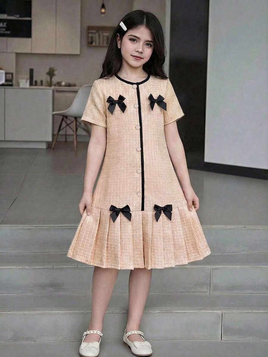 Elladie kids Tween Girl Round Neck Bow Decor Pleated Fashion Party & Casual Dress - Khaki - View 1