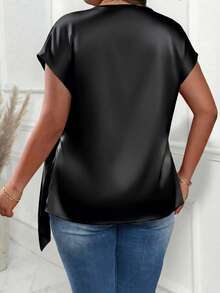 EMERY ROSE Plus Size Crinkle Texture Fabric Crossed Wrap Side Knot One-Piece Short Sleeve Casual Commuter Shirt - Black - View 2