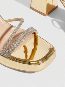 CUCCOO SZL Women's Square Toe Rhinestone Ankle Strap Sandals For Christmas Prom Heels Summer Shoes - Gold - View 4