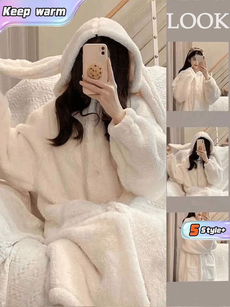 可爱兔耳连帽睡袍,秋冬毛绒加厚保暖家居服,法兰绒毯式睡袍,冬季珊瑚绒动物连帽浴袍,带大口袋,成人款 - 彩色 - 查看 1