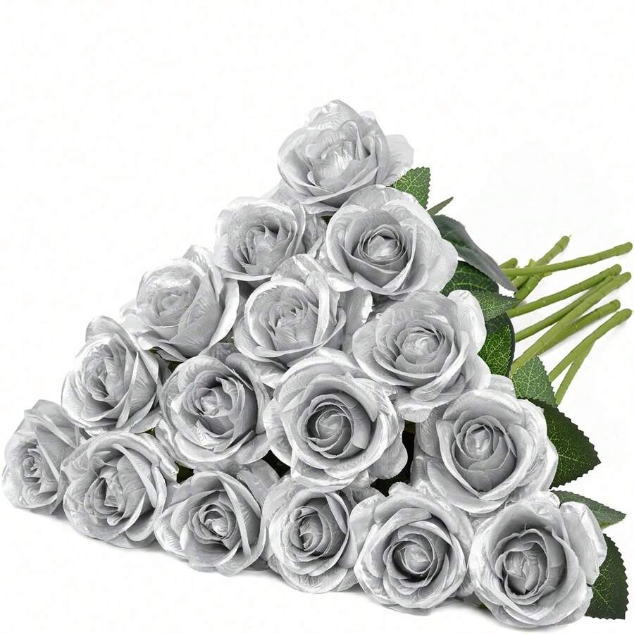 1PC/5PCS/10PCS/12PCS/ Silver 20-Inch Artificial Rose Flowers, High-End Artificial Roses, Suitable For Home Decor, Room Decor, Dining Table Decor, Wedding Decor, Bridal Bouquet, Wrist Corsage, Flower Arrangement. Suitable For Home, Restaurant, Bedroom, Vase Decoration. - Silver - View 1