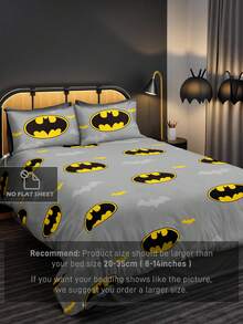 BATMAN X SHEIN 3件套灰色全版黄色蝙蝠印花图案被套套装（1个被套+2个枕套，不含枕芯），超细纤维材质，柔软保暖，多种尺寸可选，适用于单人床/双人床/大号床/特大号床，复古床上用品，时尚装饰 - 灰色和黃色 - 查看 6
