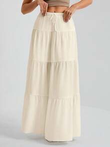 SHEIN Tall Chân váy nữ màu trắng dệt kim, dáng xòe rộng, lót trắng, thích hợp cho kỳ nghỉ và đi chơi. - Màu be - Xem 4