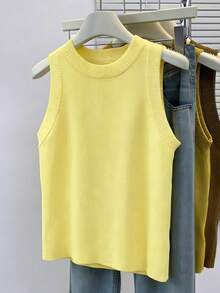 SHEIN 女士纯色圆领休闲百搭日常针织上衣 - 黃色 - 查看 3