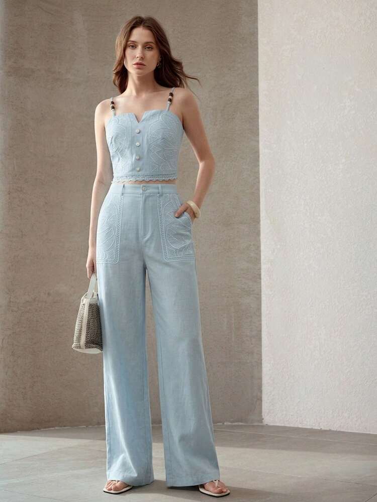 WOMEN'S RHOMBUS EMBROIDERED STRAIGHT LEG PANTS