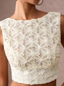 Lumalex 3D刺绣圆领露背紧身女式上衣 - 杏色 - 查看 8