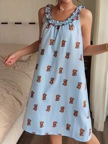 Napfluff Áo ngủ dáng chữ A cổ tròn, họa tiết sọc kẻ hình gấu dễ thương dành cho nữ, có bèo nhún. - Nhiều màu - Xem 6