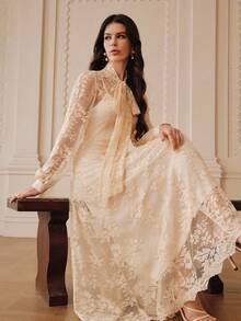 ZEYLAH Elegant Romantic Bow Tie A-Line Loose Long Dress, Spring/Summer - Apricot - View 1