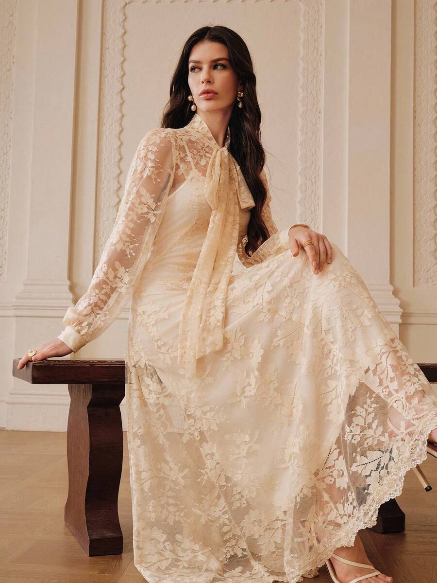ZEYLAH Elegant Romantic Bow Tie A-Line Loose Long Dress, Spring/Summer - Apricot - View 1