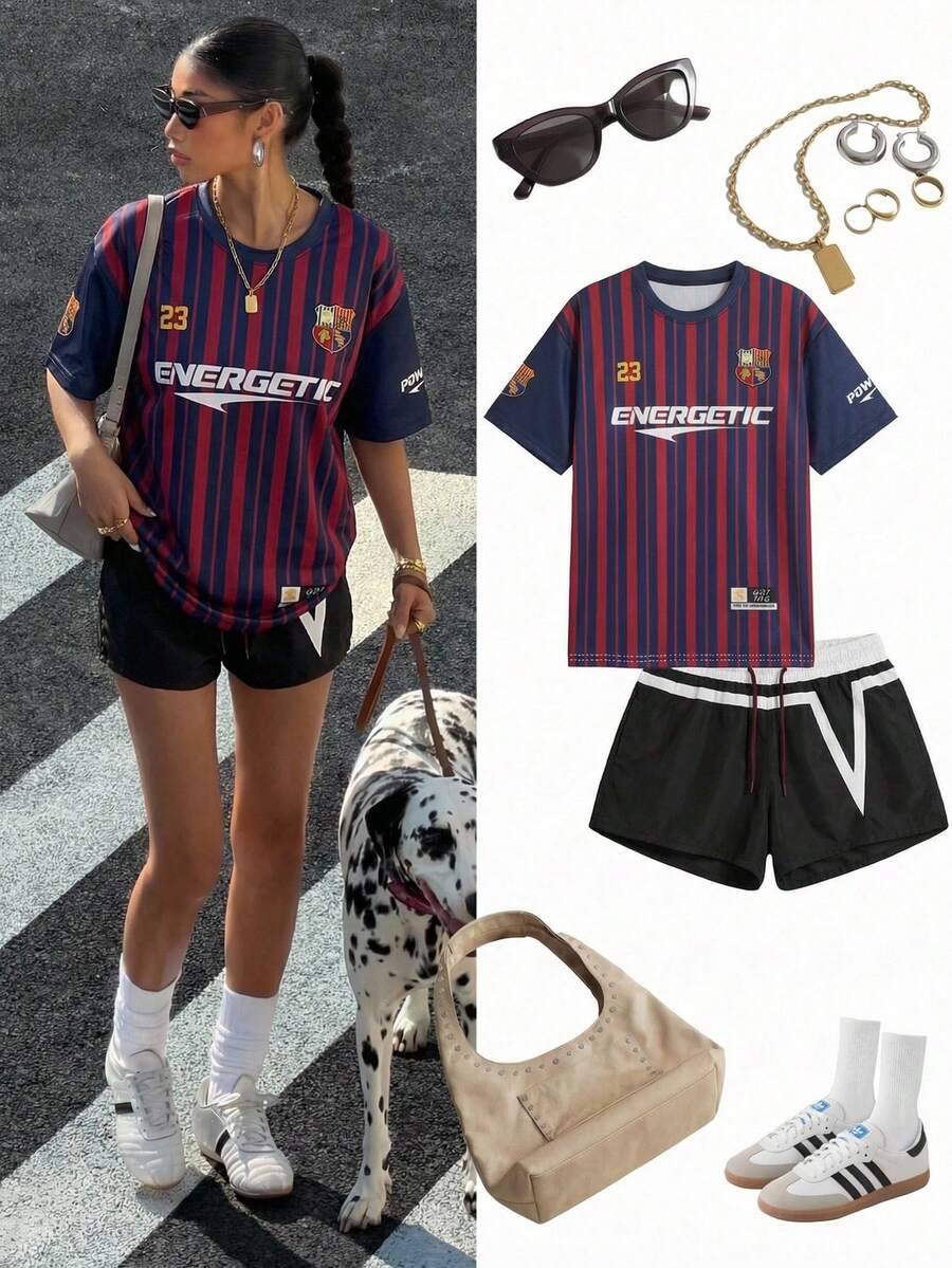 SHEIN EZwear 女士休闲宽松圆领短袖T恤，适合夏季运动，撞色条纹字母印花修身短袖T恤，夏季上衣，适合日常通勤、约会、聚会、秋冬夏三季、圣诞节、新年、感恩节、派对、婚礼、海滩、毕业典礼、时尚、优雅、休闲、外出、约会、预订、通勤、闪亮、情人节、优雅、度假、休闲、Y2K、外出、毕业典礼等场合。 - 彩色 - 查看 1