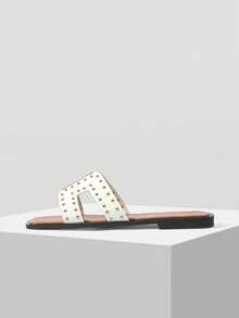 MOTF Giày sandal đế bằng hở mũi trang trí đinh tán dành cho nữ mùa hè. - Màu lạc đà / trắng - Xem 2