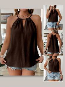 EMERY ROSE Plus Size Fashionable Apricot Spaghetti Strap Casual Loose Slimming Camisole With Sexy Shoulder Strap Design, Elegant For Women - Brown - View 1