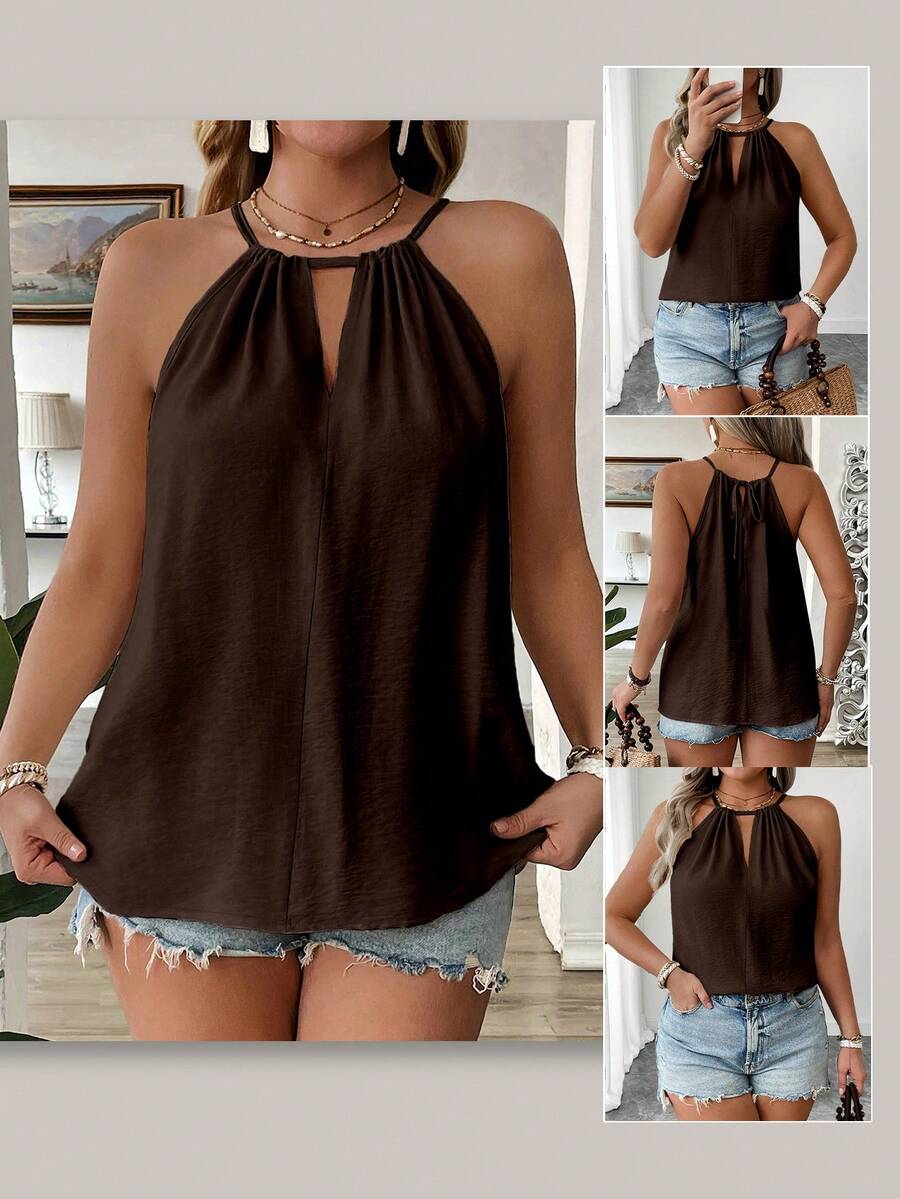 EMERY ROSE Plus Size Fashionable Apricot Spaghetti Strap Casual Loose Slimming Camisole With Sexy Shoulder Strap Design, Elegant For Women - Brown - View 1