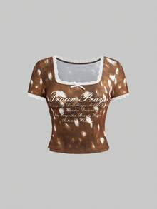 ROMWE Kawaii Bộ 2 chiếc áo bó ren họa tiết hươu gợi cảm và quần short mini cạp siêu thấp - màu nâu - Xem 4