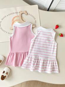 SHEIN Playful Pals Đầm hè kẻ sọc không tay cổ bẻ cho bé gái - Màu Hồng baby - Xem 2