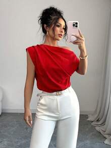 Elenzga New Spring/Summer Casual Ruched Asymmetric Neck Short Sleeve Blouse - Red - View 7
