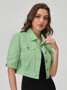 SHEIN EZwear 女士单排扣休闲百搭日常牛仔外套 - 綠色 - 查看 5