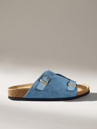 Solecia Women Shoes Bimetal Square Buckle Adjustable Buckle Non-Slip Cork Bottom Boken Shoes Lightweight And Breathable One-Word Package Design Open-Toe Flat Bottom Flat Heel 0cm Fresh And Sweet Versatile Wind Frosted Suede Splicing Metal Accessories Cork Rubber Composite Sole Blue Women Sandals Home Going Shopping Seaside Vacation Daily Commuter Balcony Leisure Supermarket Procurement Park Walking Homestay Leisure Girlfriend Travel Market Clock In Coffee Shop