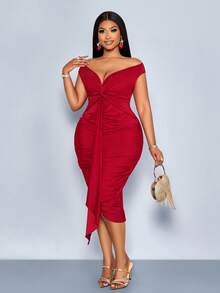 SOLERSUN Women Summer Plus Size Red Elegant Party Dress,Autumn Solid Shiny Fabric V-Neck Pleated Twist Design Hip Ruched Curve Dress Suitable  Wedding Concert - Burgundy - View 4