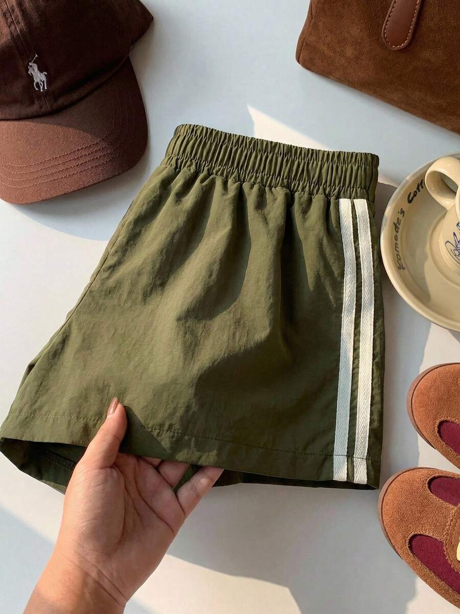 Comfortcana Quần short nữ cạp chun, kẻ sọc bên hông, dáng rộng, thoải mái, thích hợp cho mùa hè, xuân, Giáng sinh, năm mới 2000, và cả mùa đông 2000. - xanh quân đội - Xem 1