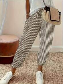 EMERY ROSE Women's Drawstring Waist Striped Casual Versatile Daily Wear Pants - Khaki - View 4