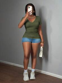 Slaydiva 2025 New Basic Racerback Tank Top For Plus Size Women, Deep V-Neck Ribbed Knit Sleeveless White T-Shirt - Army Green - View 3