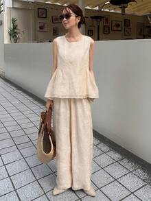 FRIFUL 女士夏季休闲纯色宽松无袖上衣和裤子两件套家居服套装 - 杏色 - 查看 8