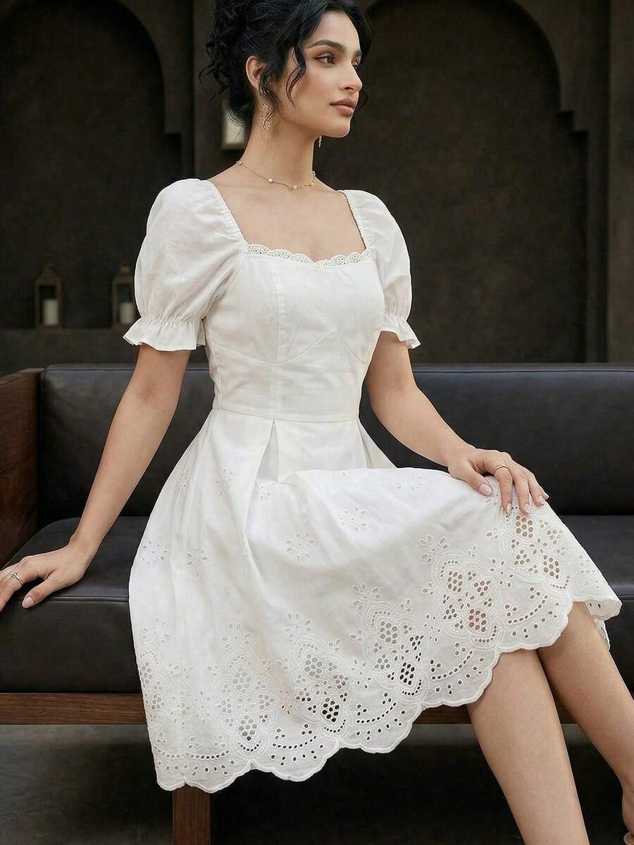Modelyn Vestido con falda acampanada y bordado elegante para mujer - Blanco - Ver 1