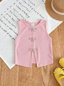 SHEIN Young Girl Solid Color Knit Casual Vest - Pink - View 3