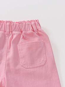 SHEIN Genkimix Kids 女童牛仔裤 春秋新款 简约休闲 浅棕色水洗牛仔布 松紧腰 阔腿 宽松舒适 优质棉质牛仔布 日常基础款 学校假期 春秋穿着 儿童牛仔裤 女童长裤 - 淺粉色 - 查看 3