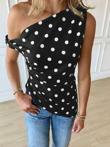 Serisse Women's Polka Dot Pattern Asymmetric-Shoulder Ruched Fashionable Blouse - Black - View 8