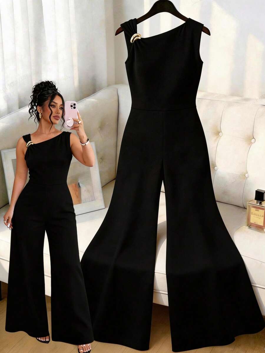 Elenzga Plus Size Solid Color Metal Decor Asymmetric Neckline Sleeveless Jumpsuit - Black - View 1