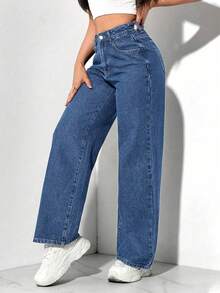 Plus Size Women Loose Fit Pockets Wide Leg Casual Jeans - Dark Wash - View 6
